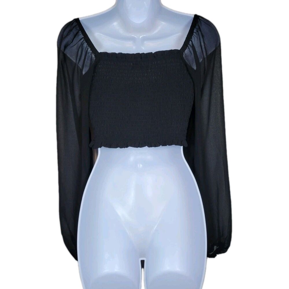 Altar'd State Black Chiffon Sheer Long Sleeve Ruched Crop Top XS Dark Romantic - Picture 3 of 11